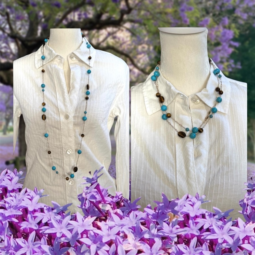 14K, turquoise and tiger’s eye beaded versatile necklace